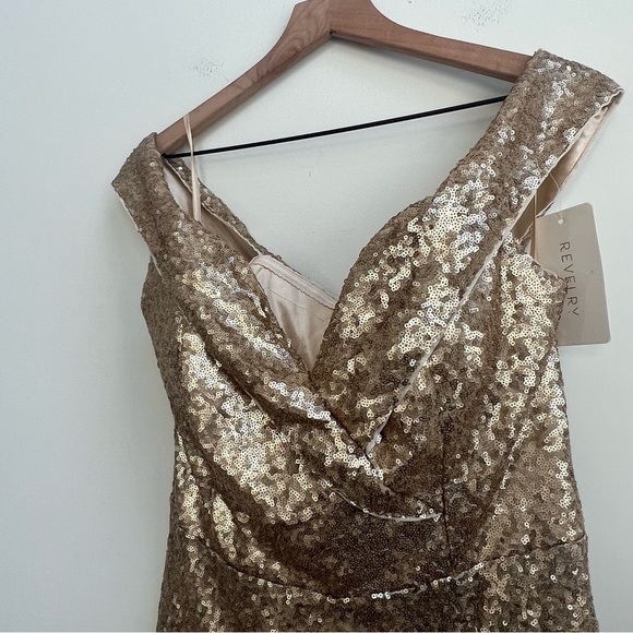 Revelry Bardot Sequin Off Shoulder Gold Gown Maxi Size 18 Bridesmaid NYE Holiday - Picture 8 of 16